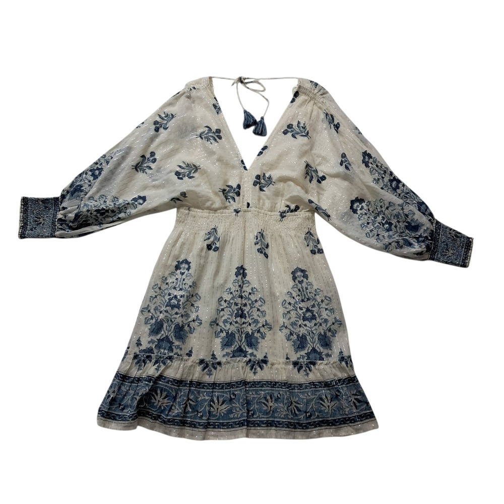 Lovestitch Mini Dress Womens Large Cream Blue Floral Metallic Boho Cottagecore‎